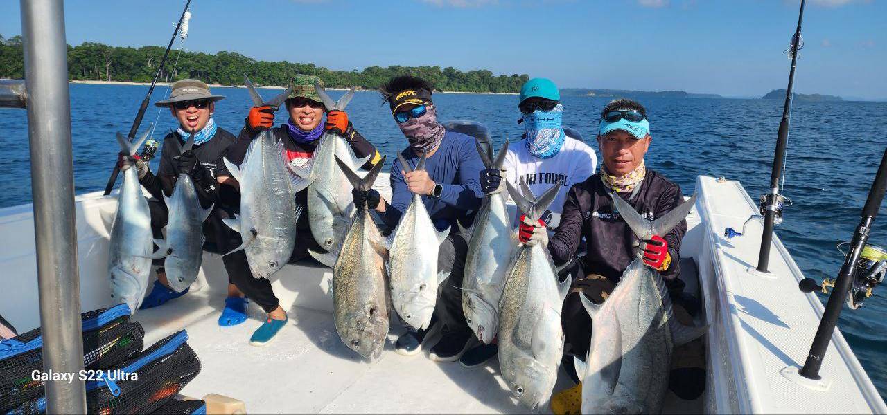 Anglers with Big GT (giant trevally) Fishes on Boat in Andaman Island Game Fishing